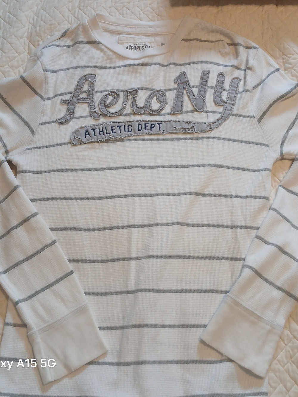 Aeropostale White & Gray Striped Long Sleeve Tee with Aero NY Appliqué